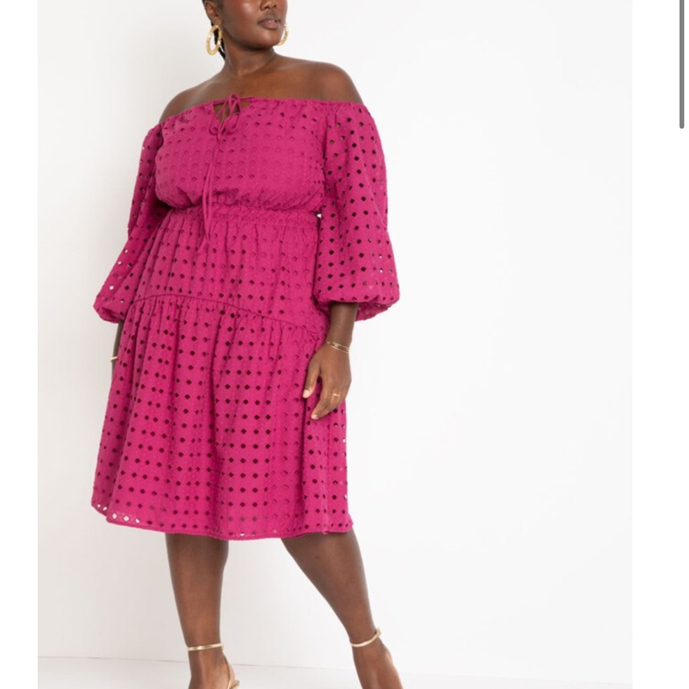ELOQUII Magenta Pink Eyelet Off-the-Shoulder Dress